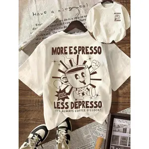 "More Espresso Less Depresso" Retro Mascot Double Sided Oversized T-Shirt, Funny Coffee Lover Graphic Tee,Vintage "More Espresso Less Depresso" Oversized T-Shirt, Retro Cartoon Coffee Cup Graphic Tee