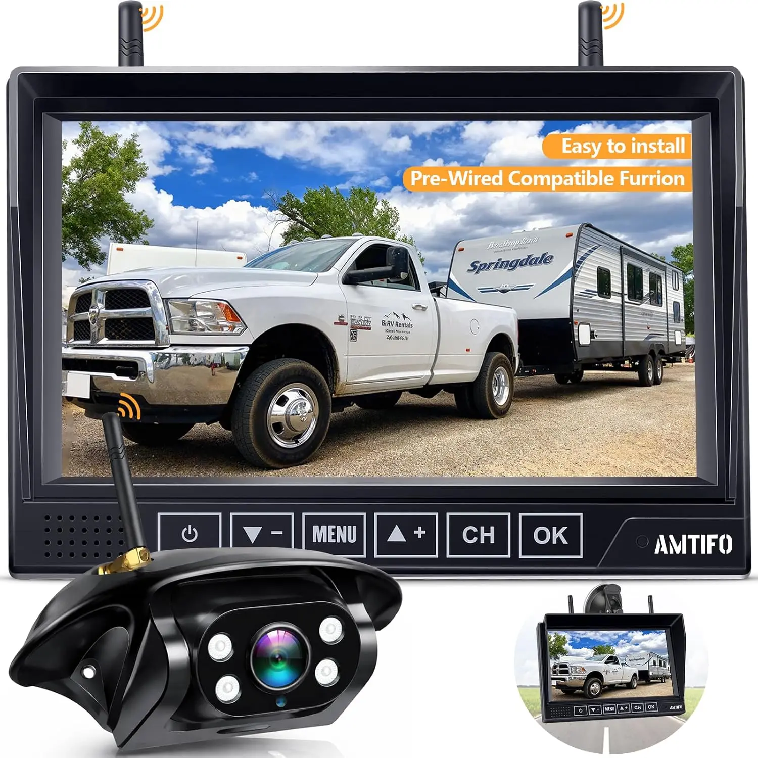 AMTIFO A7 Wireless Rear View Camera & Monitor System, 7-in 4-Channel Touch Button Monitor with Split Screen & 4-Channel Feed, Plug-and-Play Recording for Furrion RV, Truck Trailer