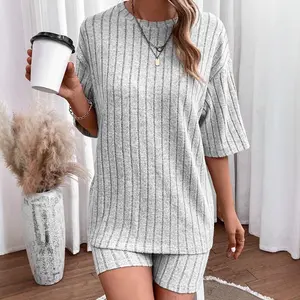 Women's 2 Piece Ribbed Knit Lounge Set - Short Sleeve Crewneck T-Shirt & Biker Shorts - Summer Pajamas Sleepwear Loungewear