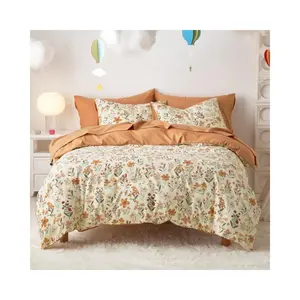 Floral Bedding Set for Girls, Cute Colorful Botanical Flowers Patterned Soft Lightweight Comforter Set with Sheets, 5 Pieces Kids Bed in a Bag, Orange Cream, Twin Size