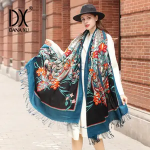 DANA XU 100% Merino Wool Extra Large Pashmina Blanket Travel chunky Scarf Cashmere Wrap for Women Fall Winter Oversize Shawl Floral Fashionable Elegant