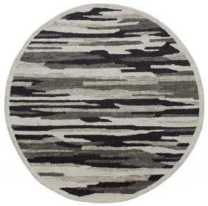 212 MAIN 6 ft. Round Black & Gray Camouflage Print Area Rug, Modern, Defined Edges, Handcrafted Weave, Wool Fiber for Sports & Equestrian Outdoor Leisure Use