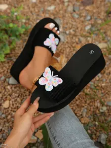 Women's Butterfly Decor Platform Sandals, Glitter Decorated Sandals, Casual Comfortable Platform Sandals, Soft Non-slip Sandals for Indoor & Outdoor Wear
