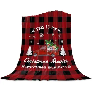 Merry Christmas Red Plaid Super Soft Flannel Blanket Elk Santa Claus Snowman Christmas Tree Plaid Blanket, Christmas Gift
