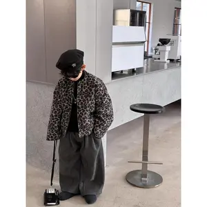 Boys' padded thick cotton jacket for autumn and winter, Korean-style woolen coat for children, stylish leopard print jacket for boys, warm and trendy, suitable for spring and autumn wear, ideal for back-to-school season, Halloween, Thanksgiving, Black Fri