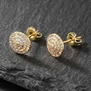 1 Pair 18K Golden Plated Copper Hip Hop Cubic Zirconia Round Stud Earrings for Men, Birthday Holiday Gift