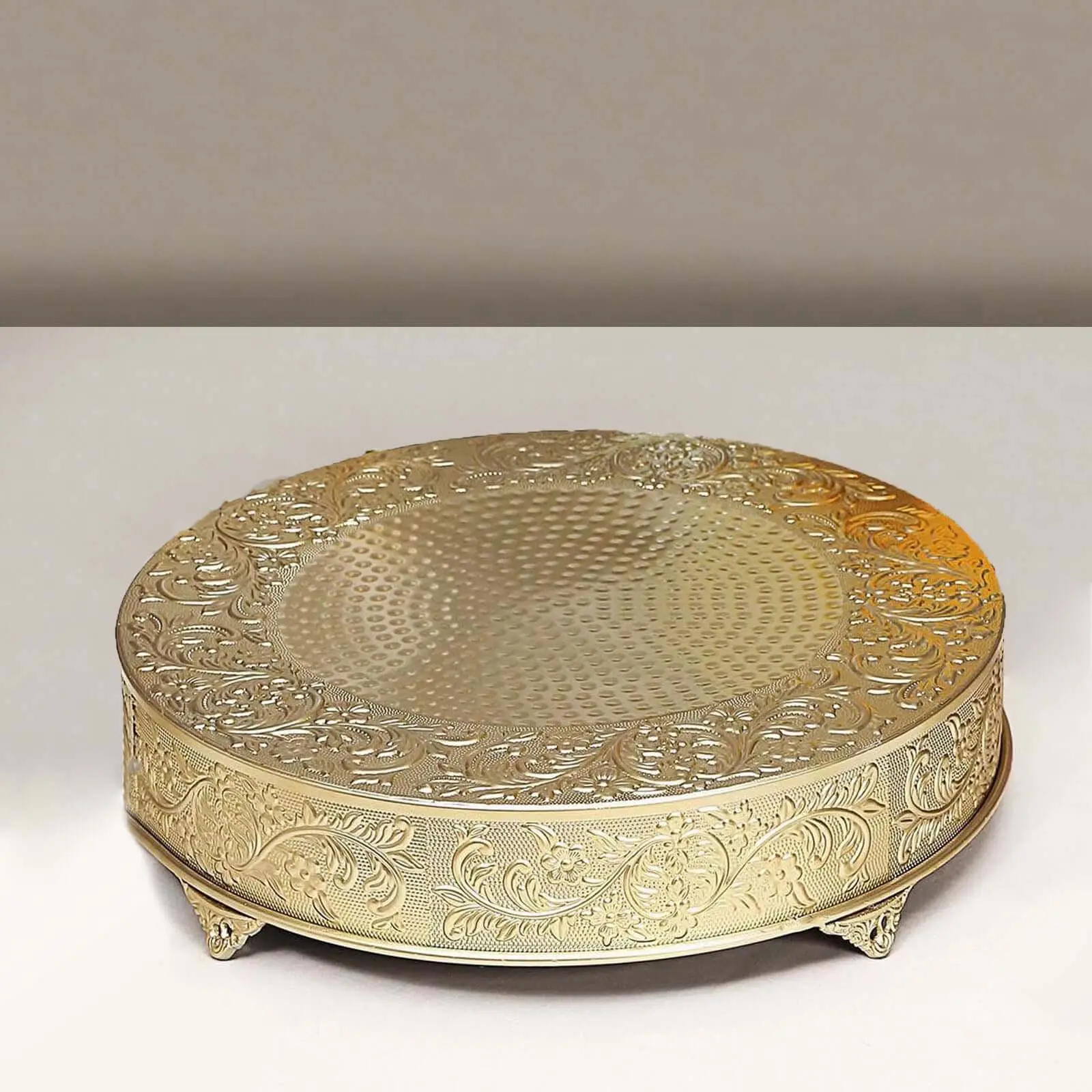 Metal 22" Round Cake Pedestal Stand Matte Gold - Cupcake Dessert Display Riser with Intricate Embossed Design for Upscale Events & Gatherings