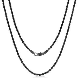 Black Chains for Men, Stainless Steel Rope Chain Necklace for Men and Women, Twist Mens Necklace, 2.5mm 3mm 4mm 5mm Wide