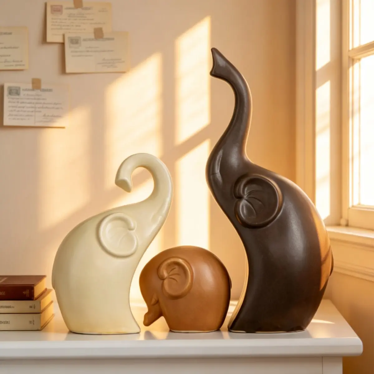 3-Piece Ceramic Elephant Family Decor Set, Figurines Decor, Elegant Desktop Ornaments, Minimalist Style for Office, Home, Hotel, Festival Decoration