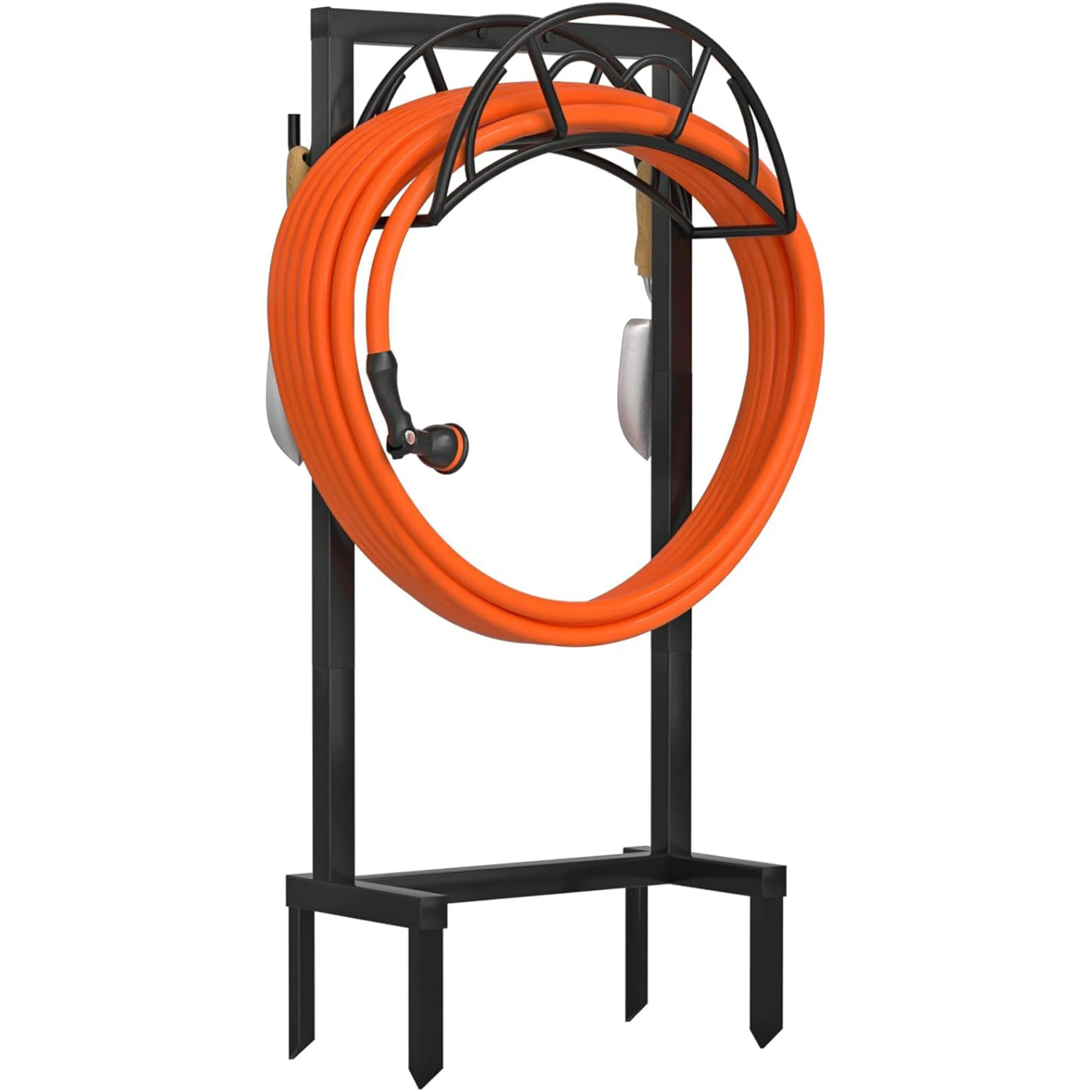 Freestanding Heavy Duty Metal Garden Hose Holder with 4-Spike Base, Detachable Rack, Ground Spikes, Metal Frame & Easy Setup – Outdoor Water Hose Storage Rack, Black, Home Essentials