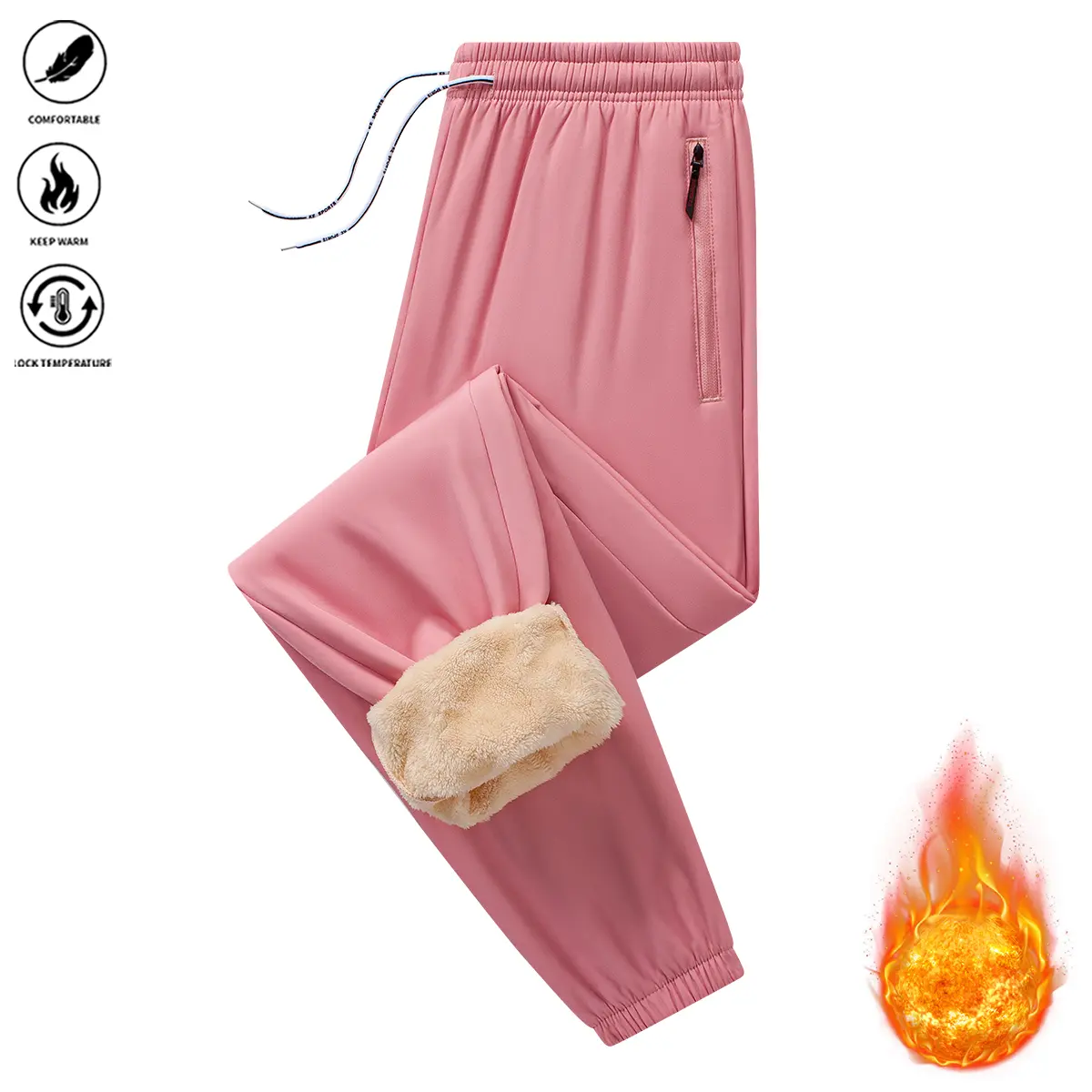 JOGWAVE Women’s Windproof Fleece-Lined Winter Jogging Pants | Warm, temperature-locking tapered slim-fit long pants with zippered safety pockets | Elastic drawstring waistband design, suitable for commuting, outdoor activities, and casual everyday wear