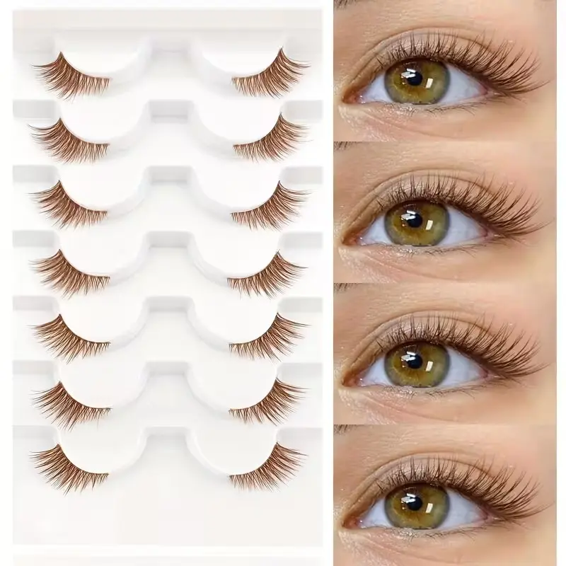 7-Pair Set of Brown Transparent Band Half-Eye False Eyelashes, Crisscross, Natural, Fluffy, Comfortable and Versatile, Extended at the Outer Corner, Makeup, Cosmetic, Suitable for Various Occasions