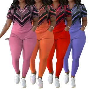 Plus Size Womens Bohemian Two Pieces Set Casual Elegant Pants Set, V Neck Short Sleeve Top & Pants Outfits for Spring, Fall & Summer, Comfortable Polyester for Casual Attire, Versatile Clothing, Women's Plus Size Clothing Fabric Womenswear