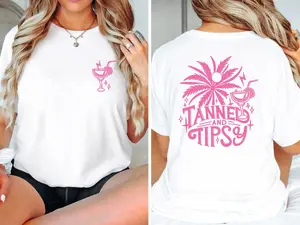 Back And Front Tanned And Tipsy T-shirt, Trendy Summer Woman Shirt, Beach Holidays Tee, Girls Vacation T-shirt, Tropical Beach Shirt, Girls Trip Tee, Girls Drinking Party T-shirt, Summer Beach Vibes Shirt