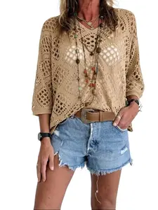 100% cotton Women's Boho Crochet Tops V Neck Hollow Out Knit Shirts Summer Festival Vacation Outfits Short Batwing Sleeve Pullovers Blouses, Clothes, Aesthetic,summervibes,