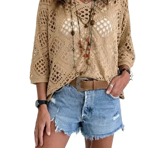 PHEFEE Women's Fitted 100% Cotton Breathable Bohemian Crochet Blouse Shirt - V Neck, Cool Hollow Weave, Short Batwing Sleeves, Lightweight Drape Knit Fabric, Geometric Design, Fashion Style Beach Festival Piece (Note: Size down for better fit)