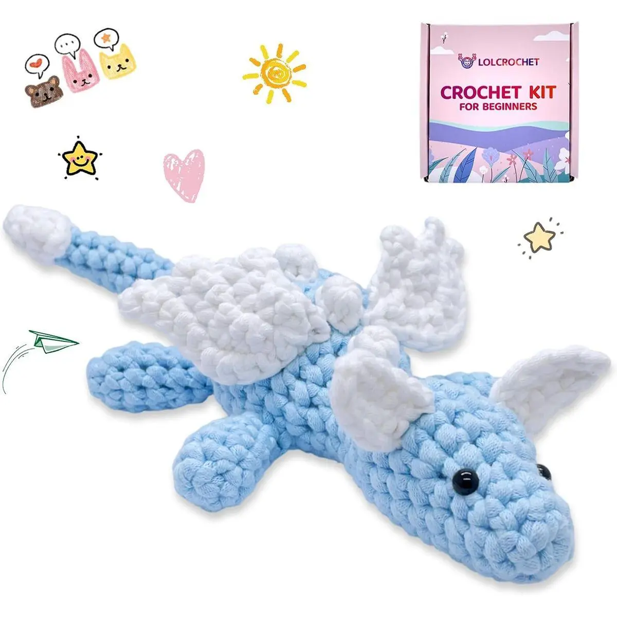 Cute Dragon Crochet Kit for Beginners, Learn to Crochet Starter Set with Step-by-Step Video Tutorial & Crocheting Manual, Easy Yarn Knitting Kit for Adult, Stuffed Animal Doll for Xmas Gift