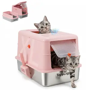 Topyangs Stainless Steel Litter Box with Lid Extra-large High-sided Design Odor Control Easy Clean Durable XL Capacity 3-in-1 Convertible for Cats