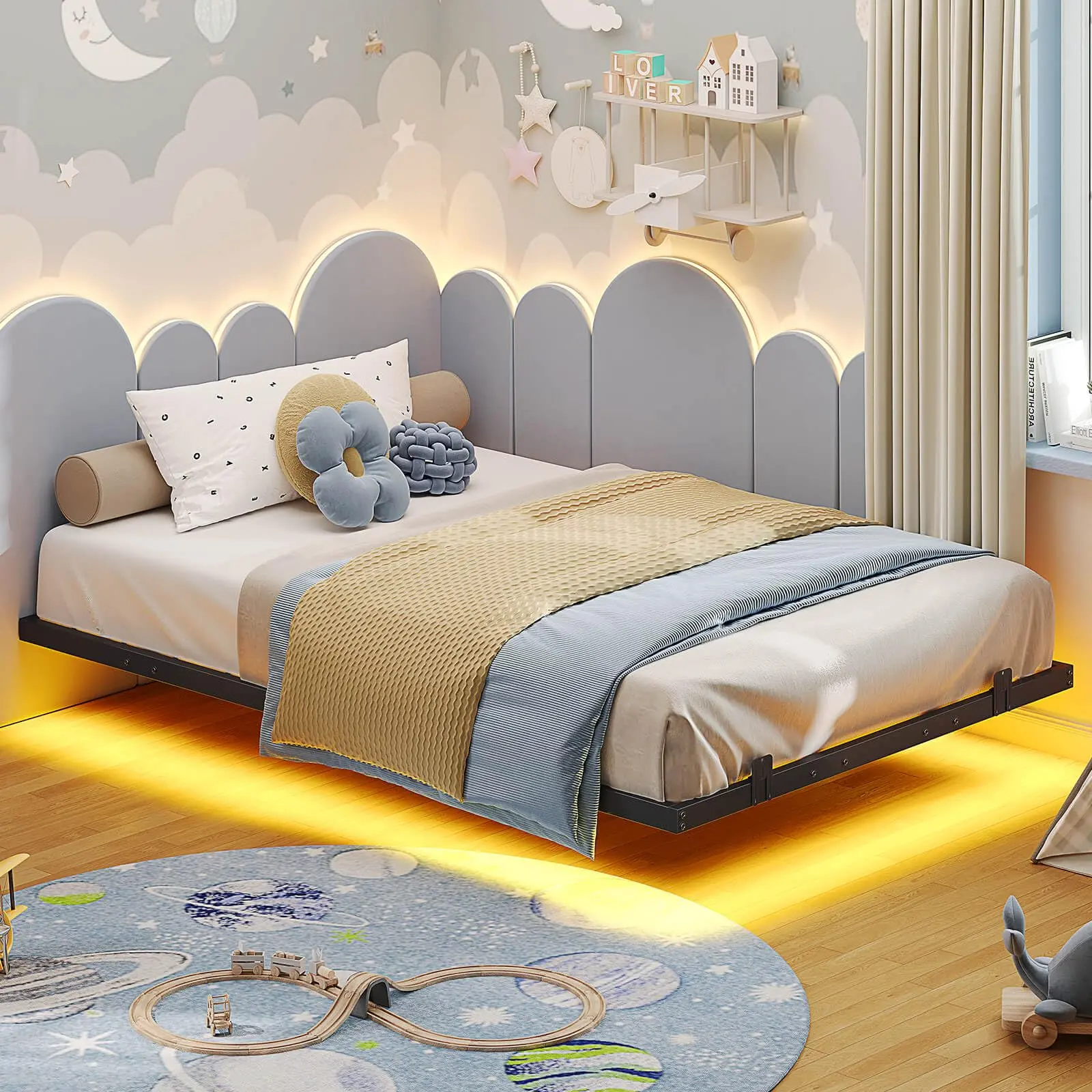 [SummerSale] Sikaic Floating Bed Frame with LED Lights, Metal Platform Bed, No Box Spring Needed, Easy to Assemble, Black, Home Furniture, Dorm Essentials