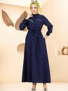 Muslim Women Navy Blue Abaya Drawstring Waist Modest Islamic Muslim Clothing Kaftan Dubai Style Long Maxi Dress Muslim Outfits for Ramadan Modest Clothes