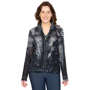 Women's Mesh Denim Look Printed Zip Front Jacket With Rhinestones