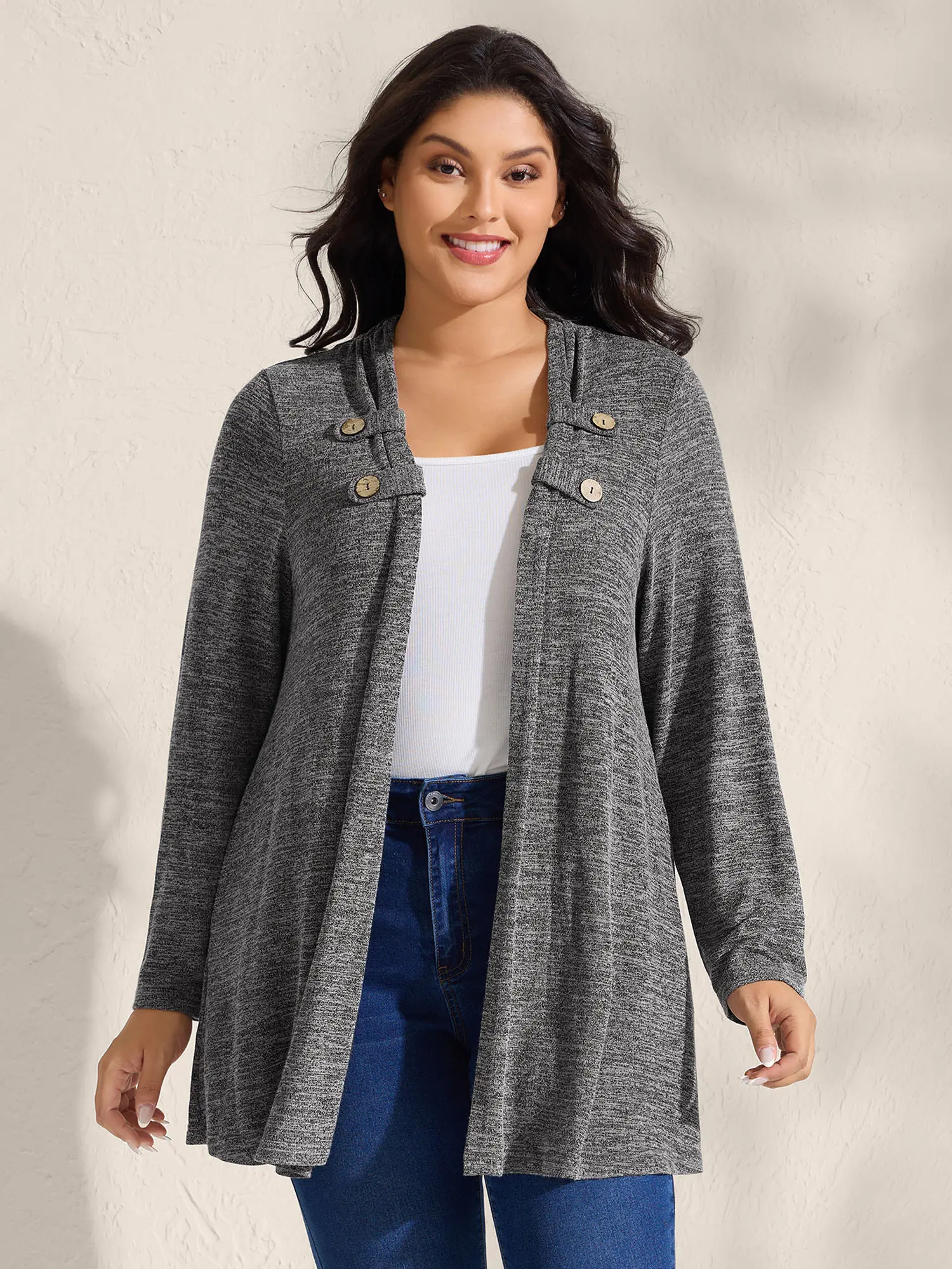 BLOOMCHIC Women's Stretchy Spandex Textured Button-Detail Jacket - Black Long-Sleeve Fitted/Loose Casual Coat with Side Seam Pockets, Tops, Women's Clothes, Fabric, Outfits Inspo, Summerfinds Coats Womenswear
