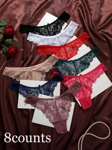 Women's Floral Lace Thongs, Bow Decor Soft Comfortable Breathable Underwear, Cute Fitted Fashion Panties for All Seasons, Soft Comfy Knicker, Floral Lace Panty