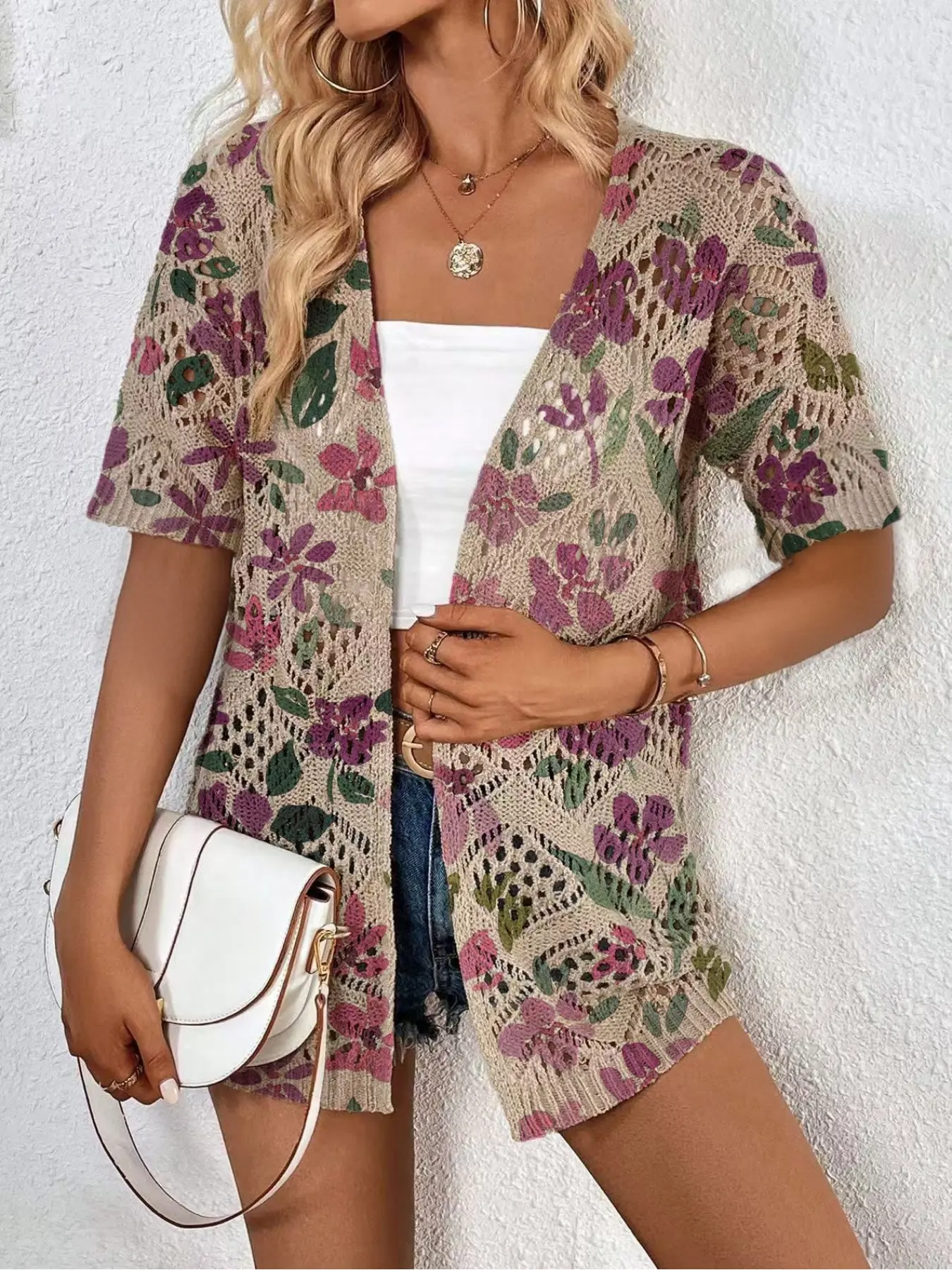 Spring/Summer, elegant commute, casual vacation seaside bohemian style, purple floral color-block print, short-sleeve women's slightly stretchy knitted cardigan, vest cover-up, Knitwear