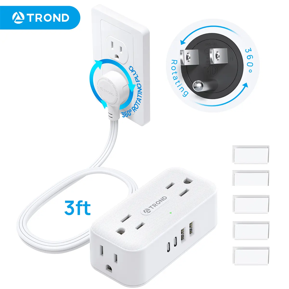 TROND 360° Rotating Flat Plug Outlet Extender, 18"-36" Expandable Power Strip with 4 AC 4 USB, Surge Protector for Hard-to-Reach Low Outlets, White