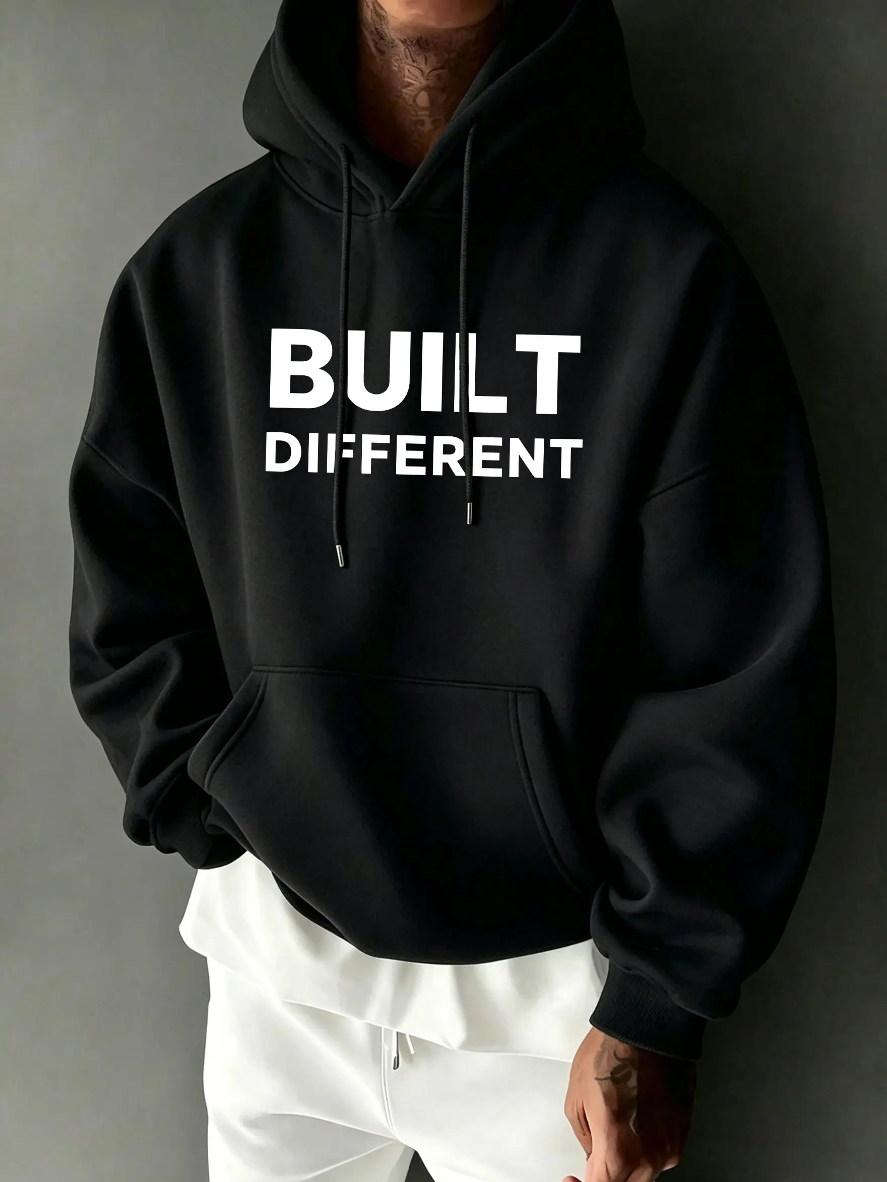 Minimalist motivational slogan front-print oversized solid-color men’s casual long-sleeve hoodie