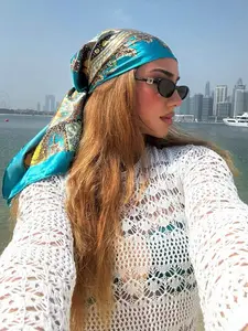 Women's Light Blue Paisley Print Scarf, 90cm Boho Fitted Headscarf, Travel Sun Protection Wrap, Boho Shawl Wrap, Party Gift for Dresses