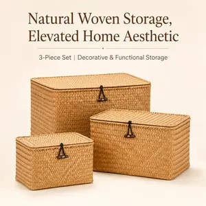 3 pcs Handwoven Natural Seagrass Storage Bins with Lids,  Boho Decorative Basket Boxes for Shelves, Rectangular Stackable Home Organization Baskets
