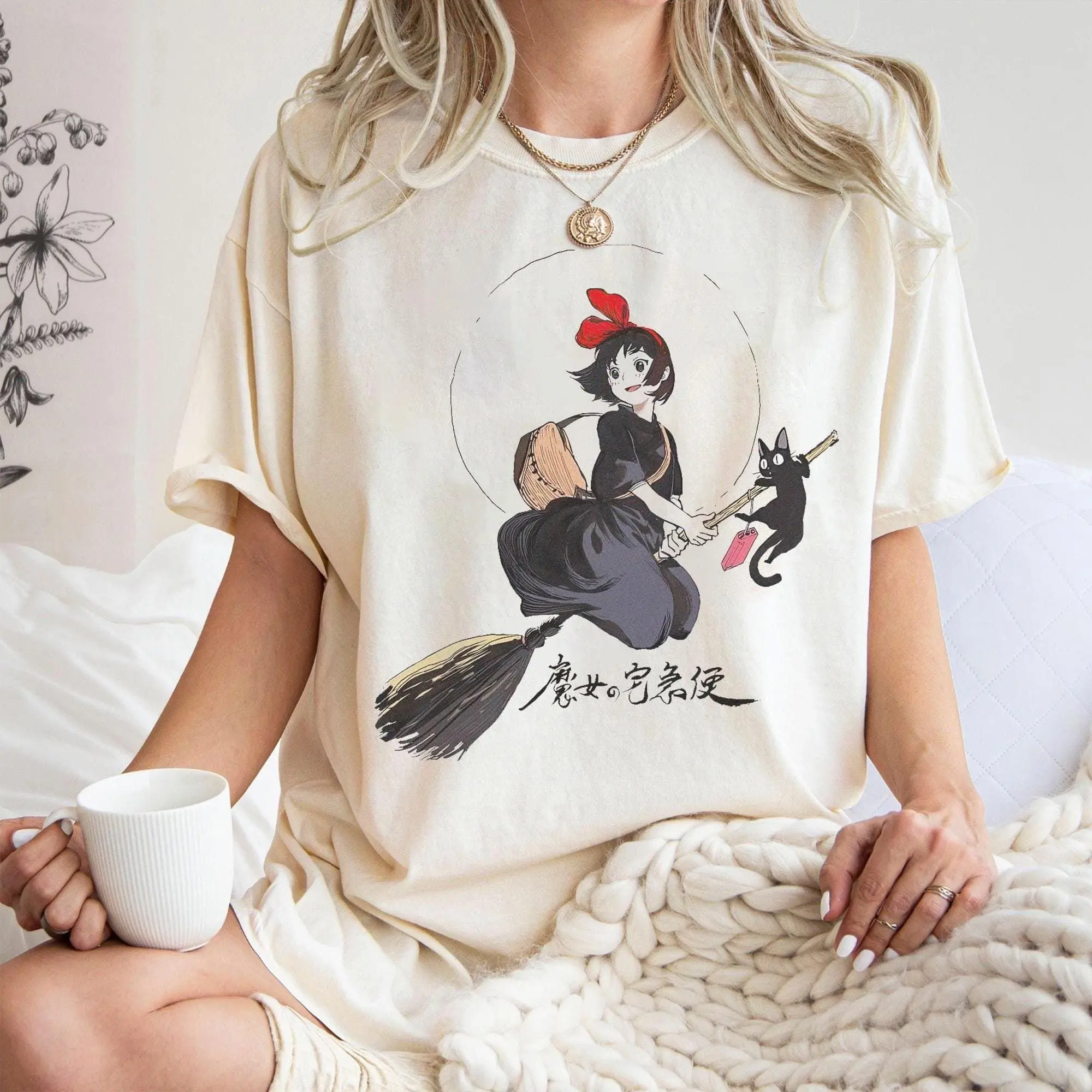 Kiki's Delivery Service Comfort Colors Shirt, Studio Ghibli Characters Tee, Kiki and Jiji, Gift for Anime Lovers, Y2K Japanese Streetwear