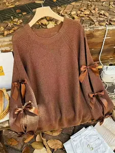 Women's Knitted Pullover Sweater, Knitwear, Solid Color Long Sleeve Top, Bow Design, Perfect for Fall & Winter Fashion, Casual Wear