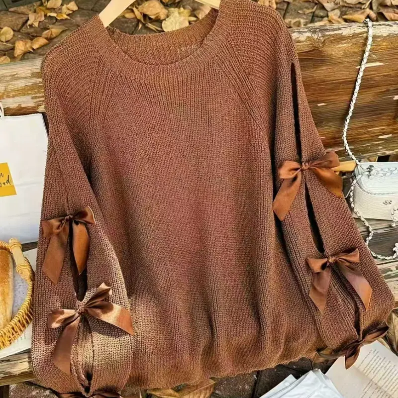 【Black Friday】Women's Solid Color Sweater, Long Sleeve Knitted Top with Bow Detail, Perfect for Fall & Winter, Casual Wear
