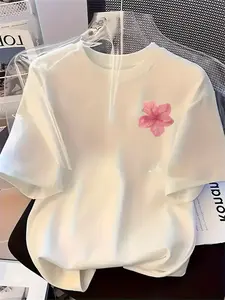 Crew Neck Short Sleeve T-Shirt White Pink Flower Print Casual Daily Wear Fit Clothes