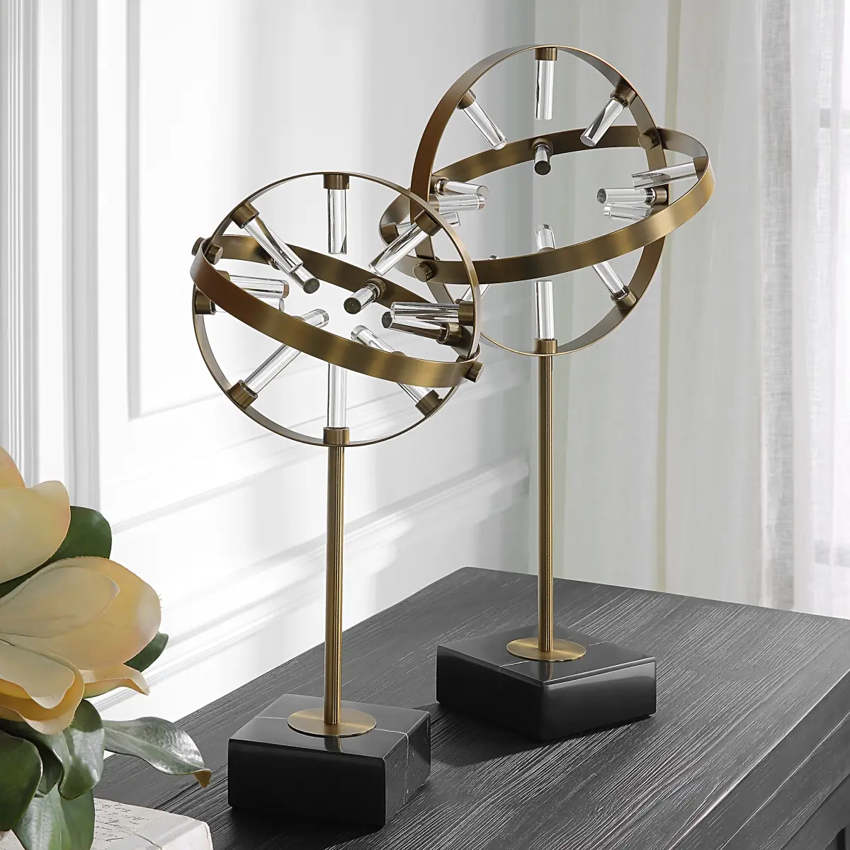 Uttermost 18087 Realm Spherical Brass Metal Marble Ball-and-Ring Alloy Statues - Set of 2, 11x22x5 in, Premium Alloy Artistic Decorative Statues for Room Decor, Contemporary Home Decor Collectibles, Ring Accents