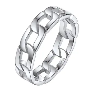ChicSilver S925 Cuban Link Plain Simple Modern Daily Unisex 925 Sterling Silver Rings for Women Men
