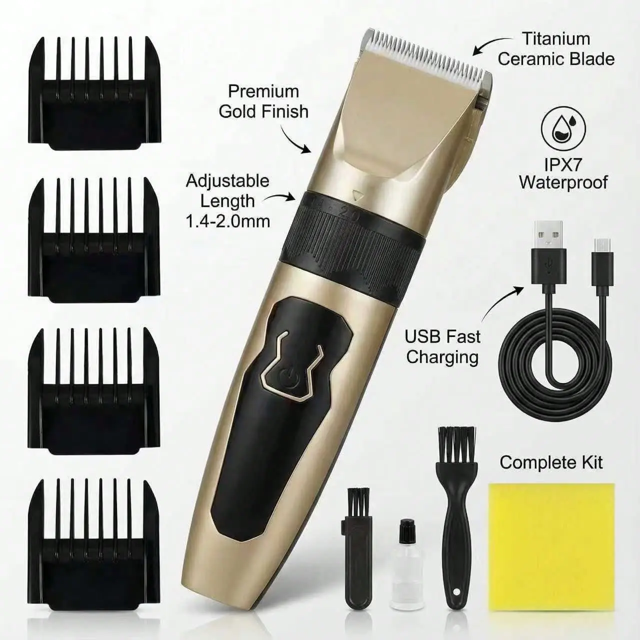 Cordless Titanium Ceramic Trimmer – Adjustable 0.8-2.0mm Blade, IPX7 Washable, USB-C Quick Charge, Home Haircut Kit for Men, Beard & Face Grooming