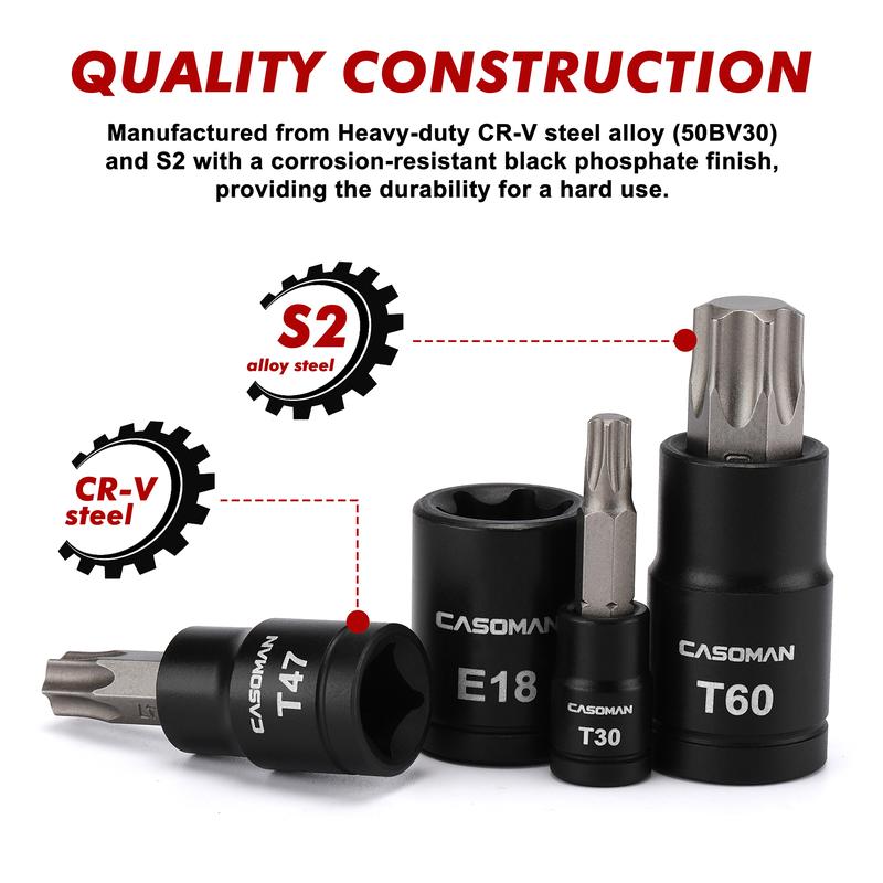 CASOMAN 32-Piece Torx Bit Socket and Female External Socket Set, 14 Star Bits (T8- T70) and 13 Female E-Torx Sockets (E4-E24), Include 5 Impact Socket Adapter Hex Combination Wrench Torque Screwdriver Wrench#TikTokShopBlackFriday
