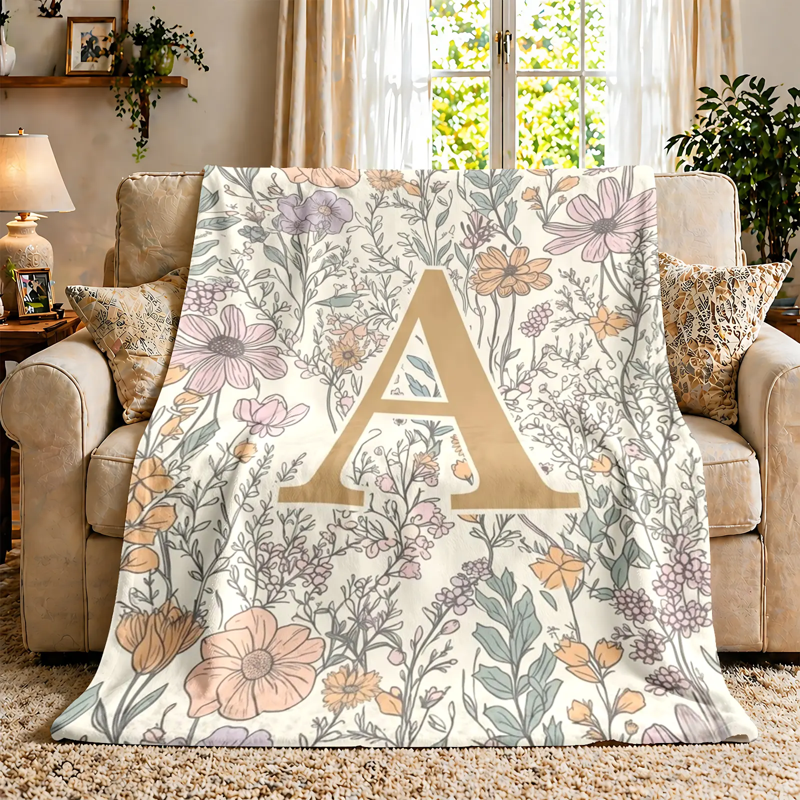 A-Z Letter Watercolor Floral Flannel Throw Blanket, Wrinkle Resistant Soft Warm Personalized Monogram Blanket, Camping Sleeping Gear Gift for Her, Nursery Living Room Couch Decor
