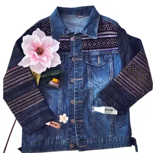 Hmong Patterns Denim Jacket with Floral Accent and Striped Sleeves Womenswear