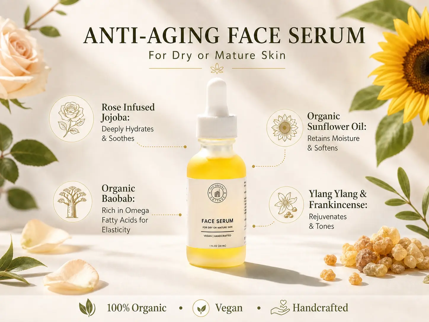 Small Batch Organic Herbal Anti-Aging Face Serum with Sunflower & Jojoba for Dry Skin Repair 1 fl oz Vegan Oil