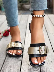 Women's New Fashion Comfortable Summer Sandals, One-Strap Large Buckle Thin Sole Square Toe Flat Flip Flops, Stylish and Lightweight Casual Shoes, Elegant Minimalist Sandals, Flat Heel Sandals
