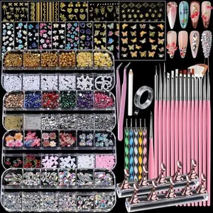4 Boxes Nail Charms and Gems Set, Nail Rhinestones Nail Kit with Nail Art Brushes Nail Stand, Nail Gems Nail Design Tools with 15pcs Nail Stickers, Gold Nail Pearls for Women Nail Decorations