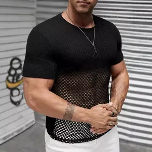 European and American Men's Short Sleeve Drop Shoulder Sheer T-Shirt Sexy Nightclub Wear Fitness Breathable Mesh Hollow Out Base Shirt for Men