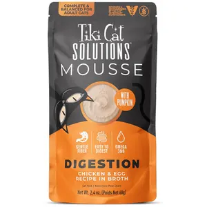 Tiki Cat Solutions Digestion Mousse, Chicken & Egg Recipe in Broth, Formulated to Support Healthy Digestion, Functional Wet Cat Food, 2.4 oz. Pouch (12 Count)