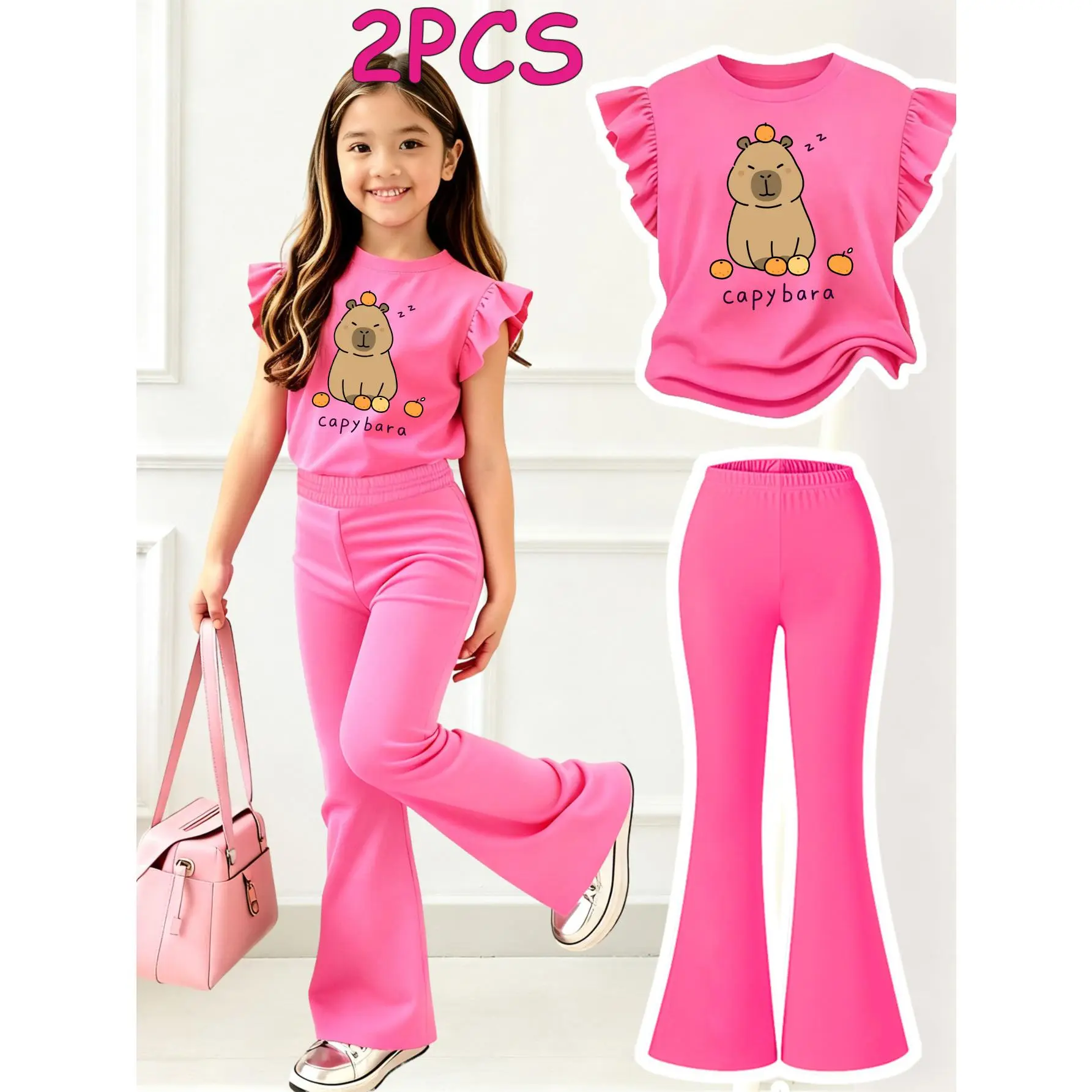 2PCS Girls Clothes T-Shirt Bottom Pants Set  Capybara With Orange And Zzz Print Girl Clothes Flutter Sleeve Round Neck T-Shirt Bell Bottom Pants Set Perfect For Outdoor  Kids Clothes