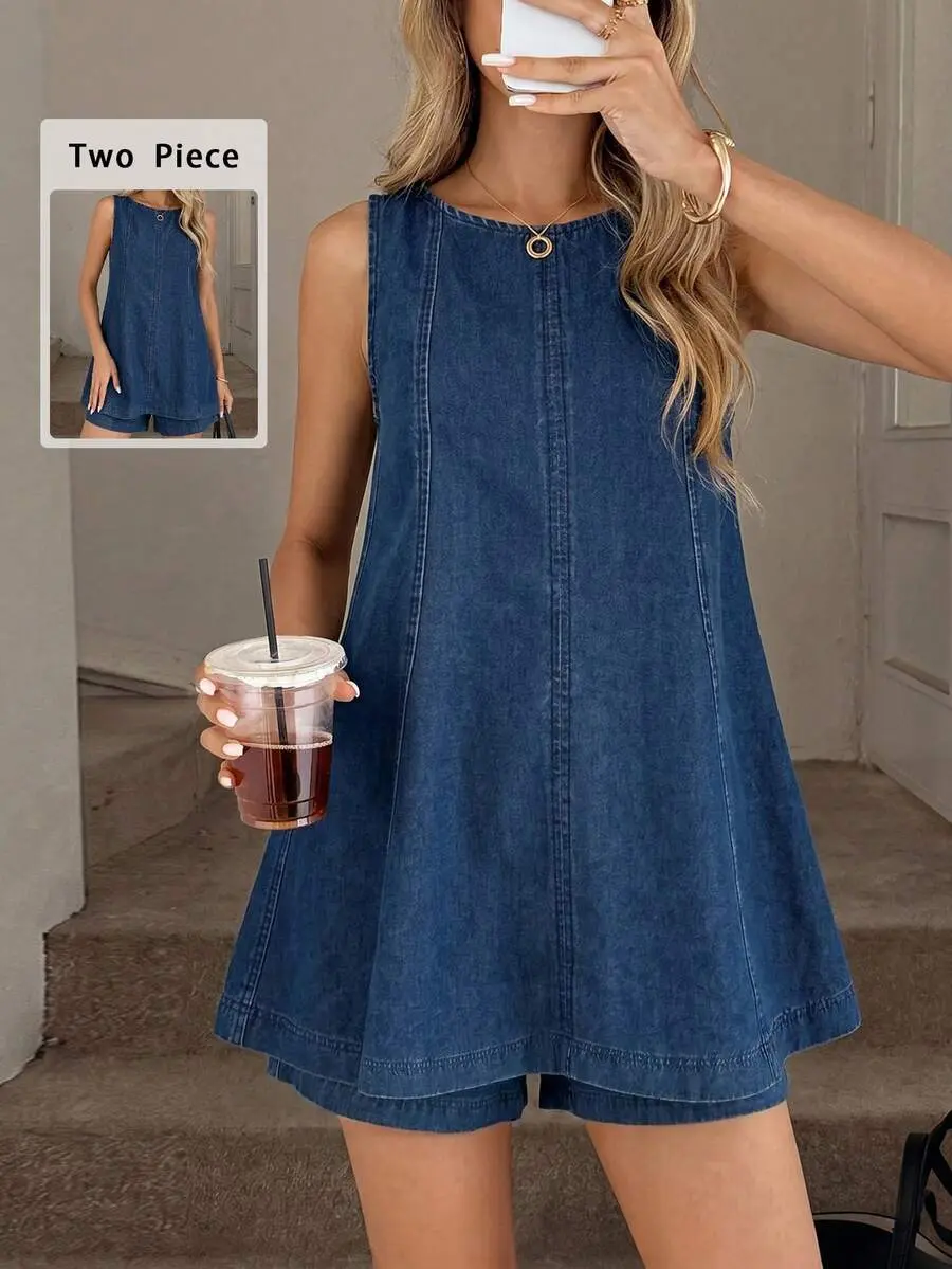 OG WEAR Denim 2 Piece Set Womens Round Neck Long Top and Shorts Casual Summer Festival Costume Cute Chic Y2K Coquette Streetwear Outfits