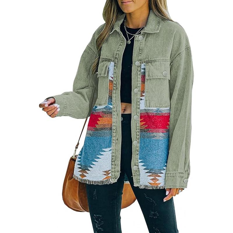 Women'S Vintage Western Jeans Jacket - Long Sleeve Button-front coat with, Non-Symmetric Patchwork design in Blue/Red/Beige/Black/White/Gray/, Mid-Length Transitional Jacket for Spring/Fall Casual Formal Outfits - Retro Western Style Outerwear, Denim Jack